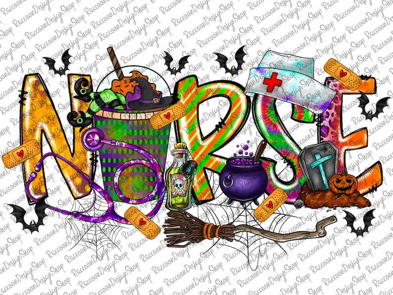 Może przedstawiać: Kolorowy projekt graficzny ze słowem "NURSE" w temacie Halloween. Litery są ozdobione nietoperzami, pajęczynami, kapeluszem czarownicy, kotłem, nagrobkiem i stetoskopem.