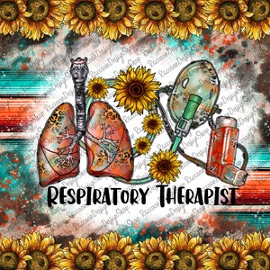 May include: A digital illustration of a respiratory therapist's tools, including a pair of lungs, an oxygen mask, and an inhaler. The illustration is set against a background of sunflowers and a watercolor-style design.