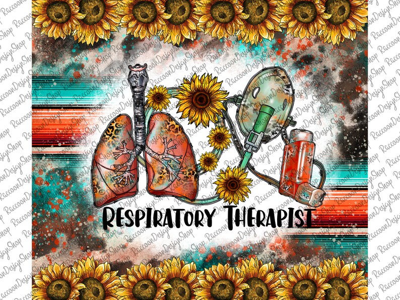 May include: A digital illustration of a respiratory therapist's tools, including a pair of lungs, an oxygen mask, and an inhaler. The illustration is set against a background of sunflowers and a watercolor-style design.
