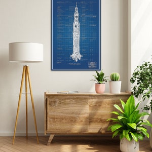 Blueprint Style Saturn V Rocket Technical Drawing Poster - High-Quality Print, 18x24&quot; or 24x36&quot;, NASA Space Art