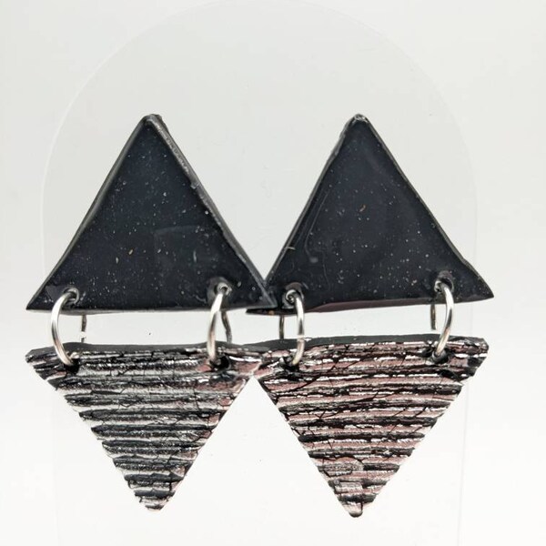 Polymer Clay double triangle shaped earrings black and textured silver ridges and ruffles with silver loops - post style earrings