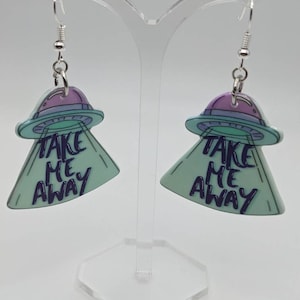 Take Me Away UFO bungelende buitenaardse acryl oorbellen| Sci-Fi kostuumjuwelen | Lichtgewicht grappig
