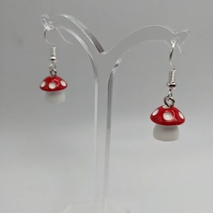 Tiny Adorable Kawaii Mushroom Charm Earrings - Dainty and Short Red and White Mushrooms - Mario Toad Inspired - Fairycore Cottagecore