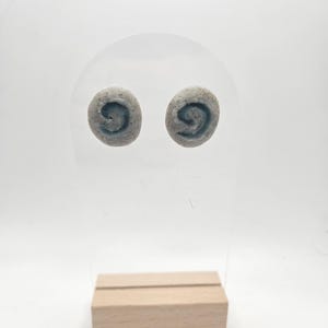 Puede incluir: Un par de pendientes de botón grises con un diseño en espiral. Los pendientes se exhiben en un soporte de acrílico transparente con una base de madera. Los pendientes tienen un aspecto texturizado y un sutil tono azul.