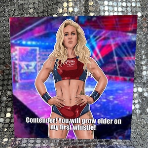 Puede incluir: Ilustración de una luchadora con un atuendo rojo y azul, con cabello rubio, de pie en un ring de lucha libre. La imagen incluye el texto "Contender! You will grow older on my first whistle!"