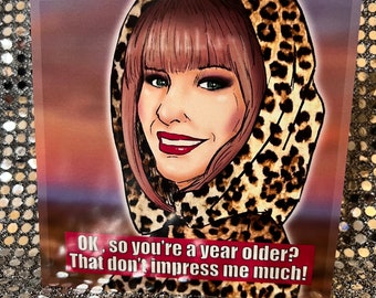 May include: A square print with a cartoon illustration of a woman with pink hair and a leopard print hood. The print includes the text: "OK, so you're a year older? That don't impress me much!"