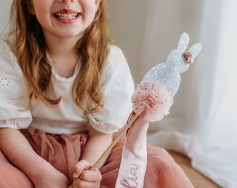 Bunny Rabbit Wand, easter bunny wand, 1st birthday wand, Personalised name wand, easter kids decoration, glitter fairy wand, birthday wand