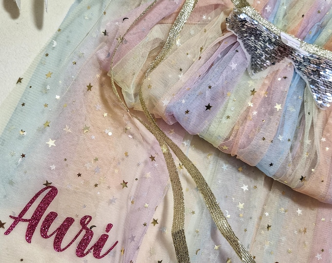 Rainbow star dress up cape, pink party cape,  custom name cape, princess cape,dressing up cape, fairytale dress up cape, birthday dress cape