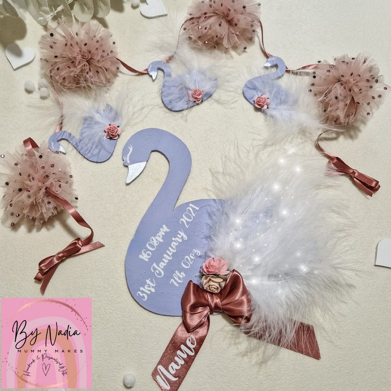 Personalised Swan Plaque, Personalised Baby Plaque, newbaby gift, newborn gift, baby announcement plaque, swan decor, personalised plaque image 5