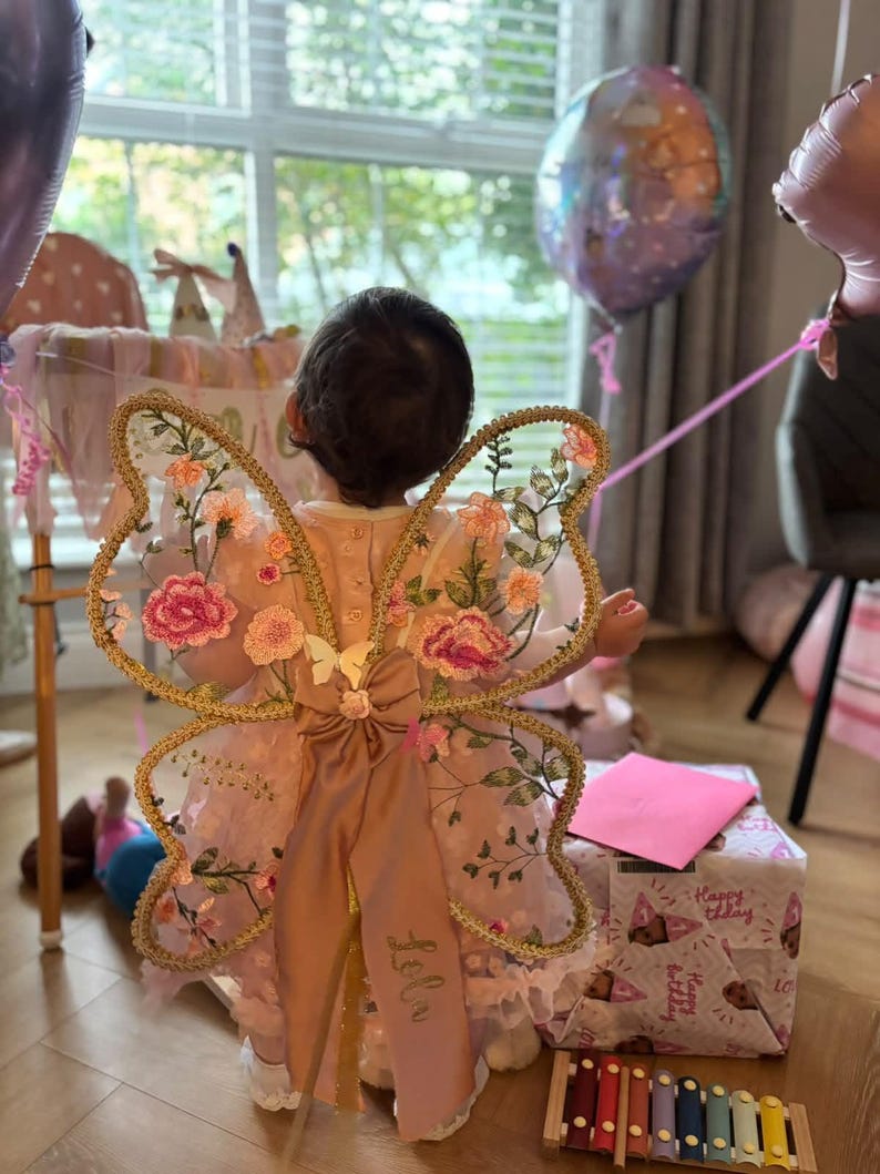 May include: A light pink dress featuring sheer butterfly wings adorned with embroidered pink and orange floral patterns. The wings are accented with a central satin bow and a long ribbon tail embroidered with the name Lola in cursive script.