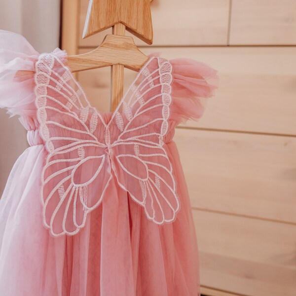 Blush pink ruffle party girl dress, butterfly party dress, elasticated toddler birthday dress, 1st birthday party dress, princess pink dress