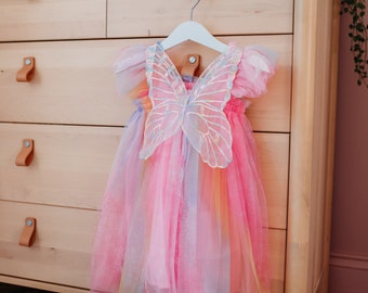 pink rainbow ombre butterfly dress, girls party dress, elasticated toddler birthday dress, 1st birthday party dress, princess pink dress