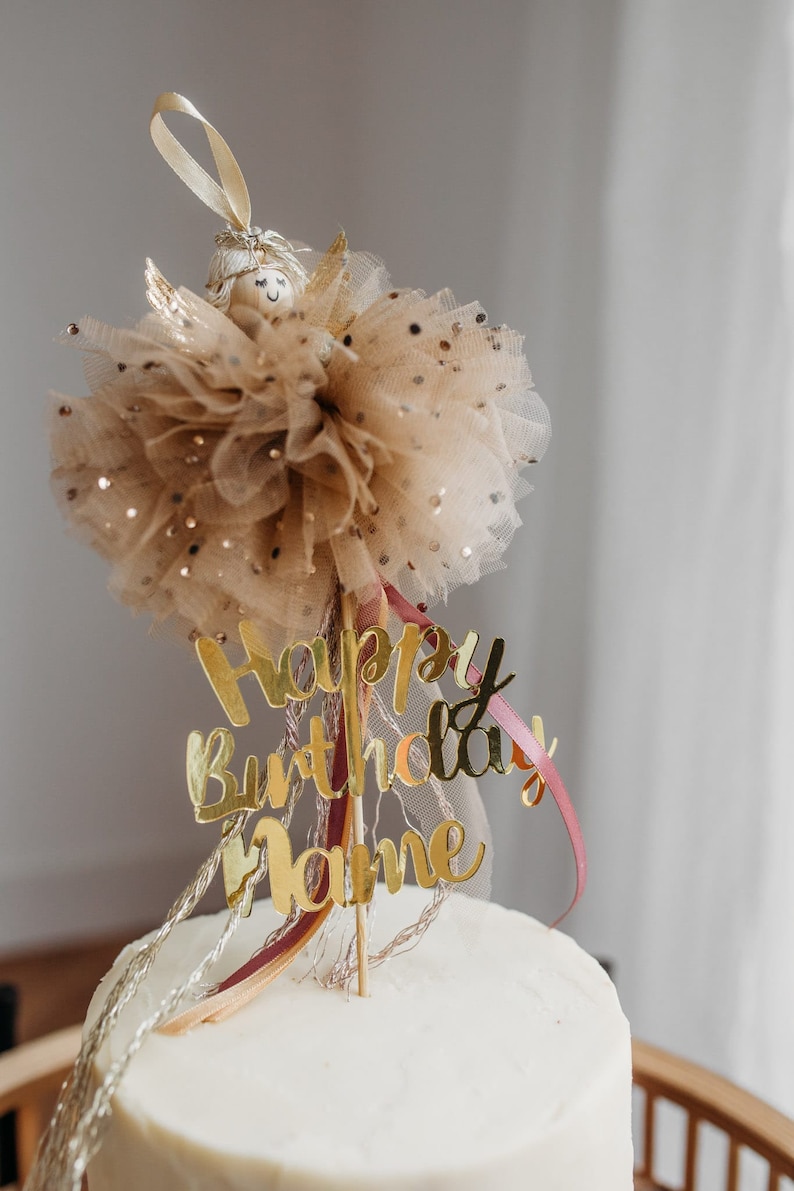 Fairy Cake Topper, Personalised cake topper, age and name cake topper, 1st birthday cake topper, christening cake topper, gold cake topper image 2