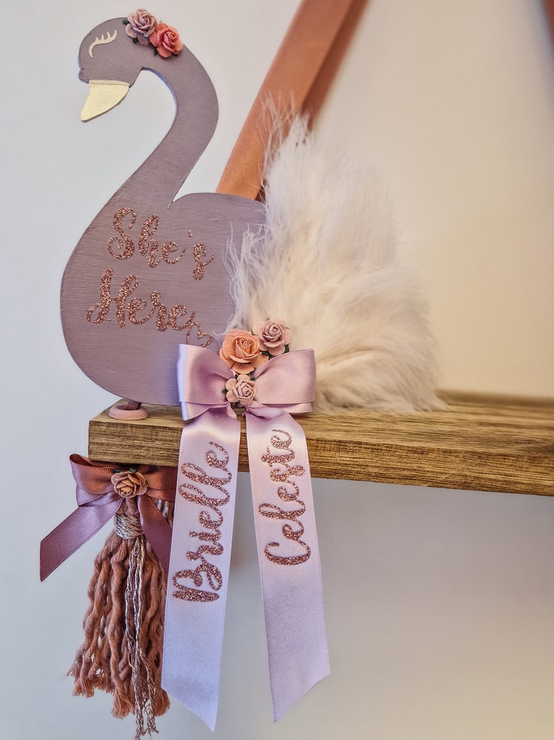 Personalised Swan Plaque, Personalised Baby Plaque, newbaby gift, newborn gift, baby announcement plaque, swan decor, personalised plaque image 1