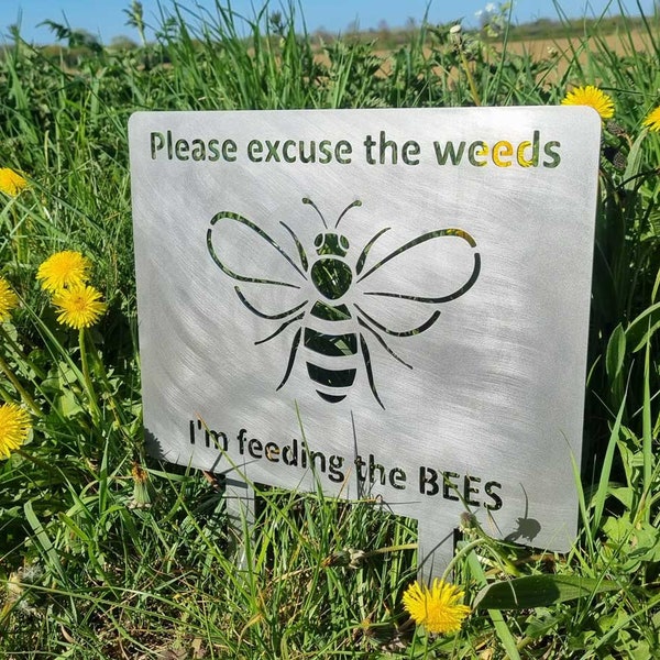 Excuse The Weeds metal floor sign, rusty metal garden art, Bumblebee, Bees, garden gifts, outdoor garden art, garden decor