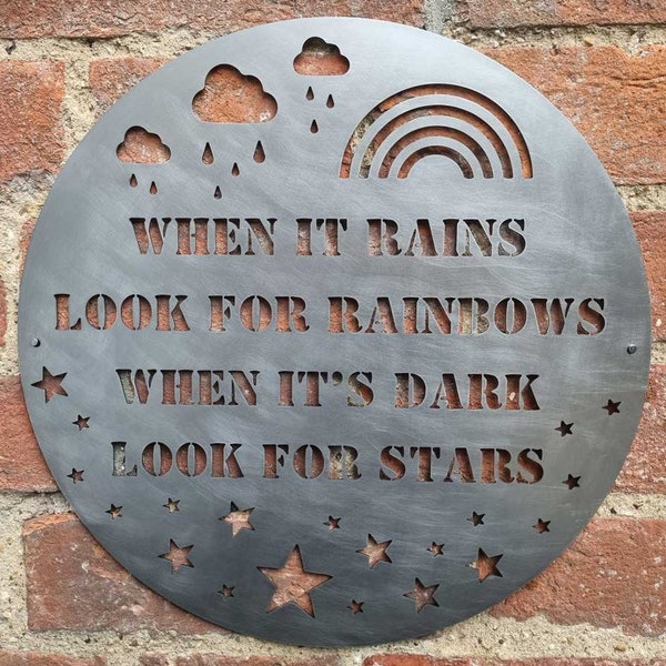 When it Rains look for Rainbows garden wall art, positivity sign, inspirational, outdoor wall art, wall plate, rusty metal, garden gifts