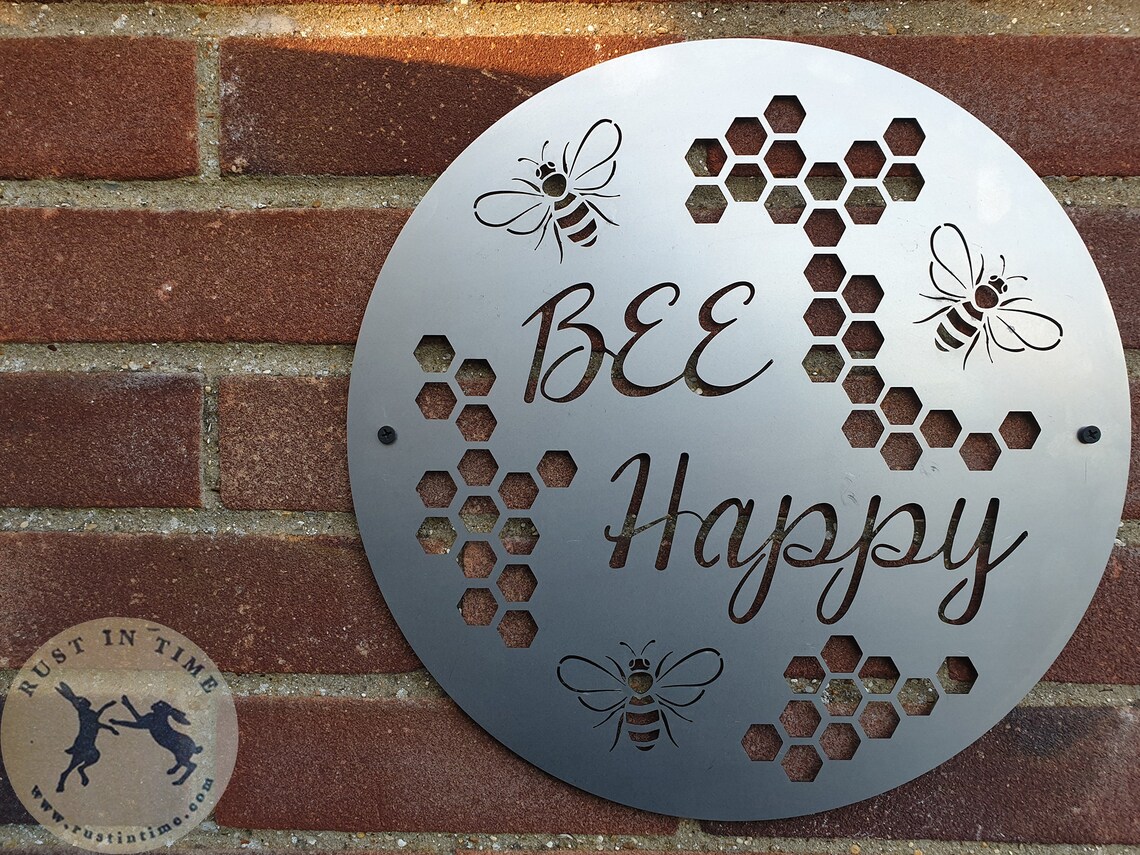 BEE HAPPY Metal wall sign rusty metal garden art Bumblebee Etsy