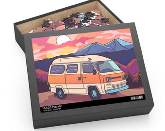 May include: A 500 piece jigsaw puzzle featuring a vintage van parked in a mountain landscape at sunset. The puzzle box is black with a white border and the text "16x20 Puzzle 500 pcs Ages 9+"