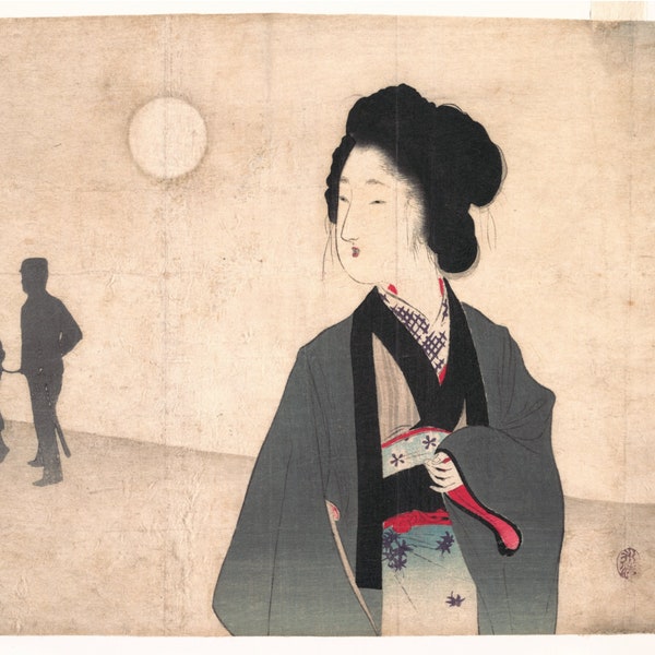 Young Woman Looks at Silhouette of a Male Prisoner being Led Away by Tomioka Eisen, Early 20th Century - Postcard