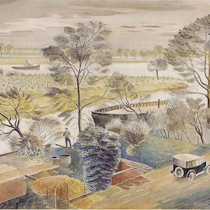 May include: Watercolor painting of a rural landscape with a river, trees, and a vintage car. A boat floats on the water, and a person is working near a structure. The color palette is muted, with shades of brown, green, and gray.