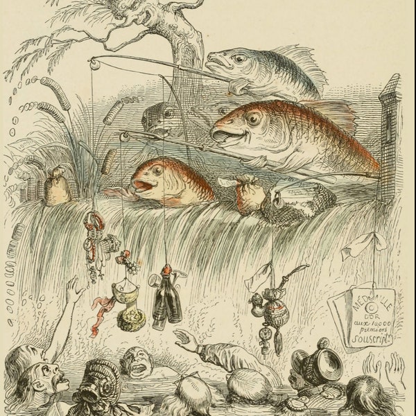 Fishing Illustration from 'Un Autre Monde  by J.J. Grandville, 1844 - Postcard