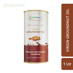 May include: A 1-liter can of virgin, wooden cold-pressed, unrefined groundnut oil. The can is labeled with the brand name "sdpmart" and features a picture of peanuts.