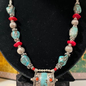 Vintage Tibetan Turquoise, Coral and Sterling Silver Necklace