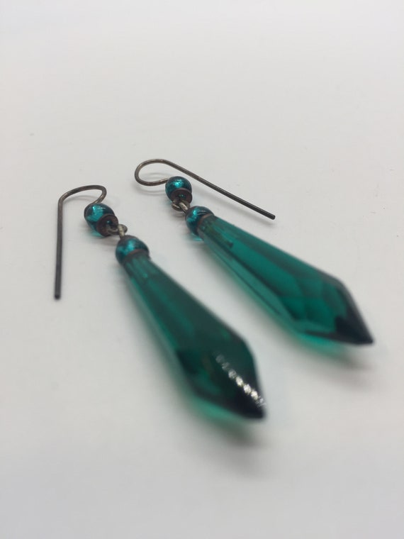 Vintage Green Glass And Brass Earrings