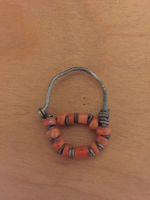 Antique Tribal Coral and Silver Nose Ring