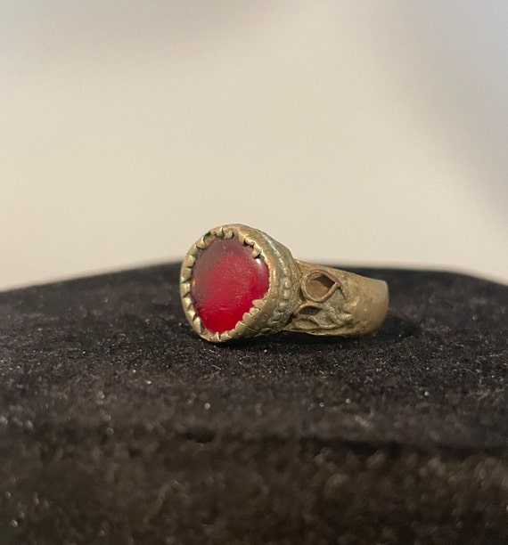 Antique Turkmen Silver and Red Glass Ring
