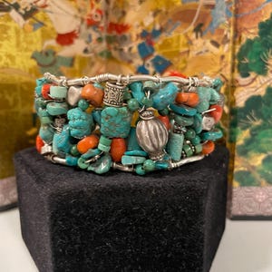 Antique Tibetan Turquoise and Coral Beaded Cuff