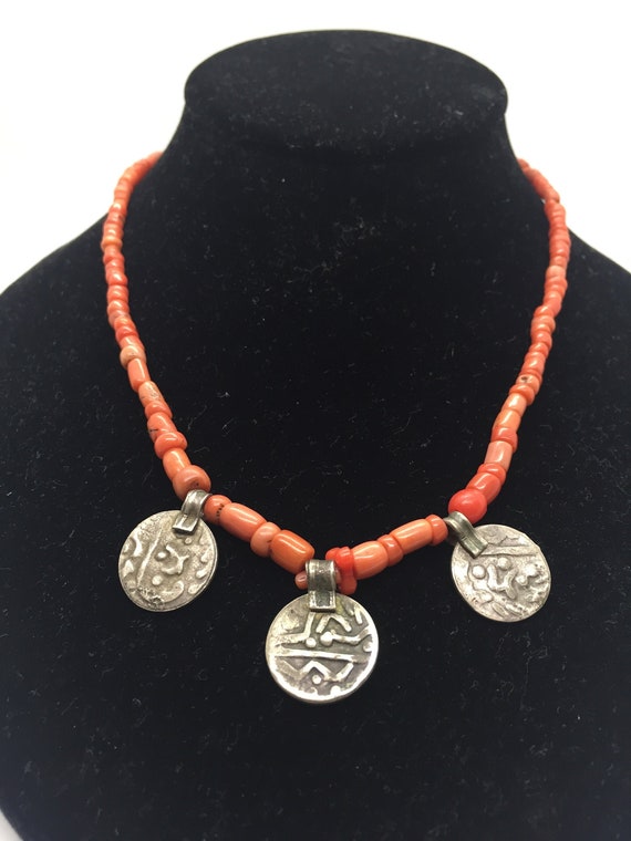 Antique Tibetan Coral And Silver Necklace