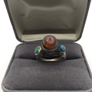 Antique Turkmen Carnelian and Turquoise Ring