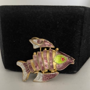 Small Vintage Articulated Brass and Enamel Fish Pendant- Lavender and Green