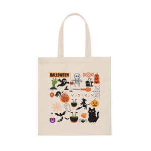 Halloween Canvas Tote Bag - Witch - Cat - Ghost - Spider - Zombie - Candy -  Collage