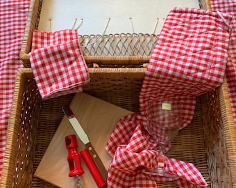 Adorable vintage wine and cheese red gingham wicker picnic basket set