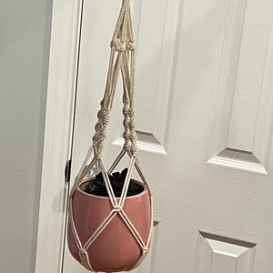 May include: A white macrame plant hanger with a pink pot and a green plant inside. The hanger has a tassel at the bottom.