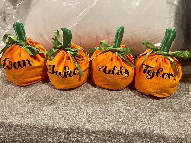 Pu&ograve; includere: Quattro sacchetti di velluto arancione a forma di zucca con steli verdi e nastri verdi. Ogni sacchetto &egrave; personalizzato con un nome: Evan, Jake, Addy e Tyler.