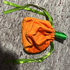 Pu&ograve; includere: Sacchetto a cordoncino in velluto arancione a forma di zucca con lacci in nastro verde.