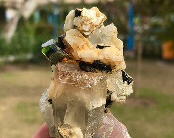 Green Cap Tourmaline Crystal with Quartz & Black Tourmaline + Albite Combine Specimen. from Stak Nala Skardu Pakistan  (P16)