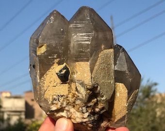 Smokey Quartz Crystals Bunch With Green Cap Tourmaline Crystal & Feldspar Combine Specimen. From Shigar  (B)