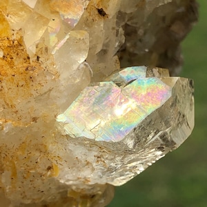 Rare Iridescent Quartz Crystals Cluster With Pinkish Siderite & Rainbow On Surface From Skardu  (S8)