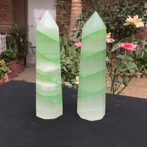 2 Pieces White Calcite Tower,Points Dyed With Green Color # Shape. home,Office,Table,Decoration (P9)