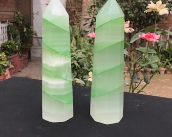 2 Pieces White Calcite Tower,Points Dyed With Green Color # Shape. home,Office,Table,Decoration (P9)