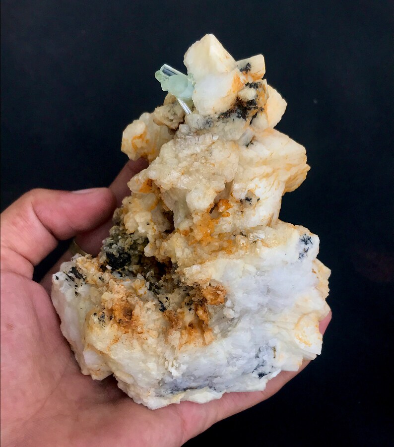 May include: A natural mineral specimen featuring a cluster of off-white, beige, and black rock formations. A small, light blue crystal is visible at the top. The mineral is held in a hand against a black background.