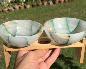 2 Pieces White Calcite Bowls , Dyed With Green Color # Color Shape. Office, Home , Kitchen , Room , Table decoration Bowls  (B)