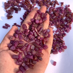 Puede incluir: Una colección de gemas de rubí en bruto de varios tamaños y formas. Las gemas son de un color púrpura rojizo intenso, con algunos tonos más oscuros. Las gemas están dispersas sobre una superficie blanca, con un puñado en una mano.