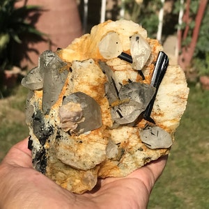 Himalayan Quartz Crystal Standing On White Feldspar With Black Tourmaline Crystal (Quartz Has Tourmaline Inclusion as Well ) (p6)