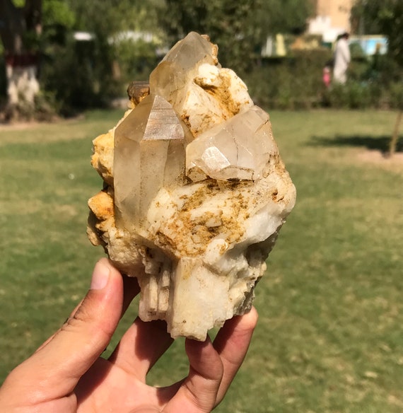 Natural Terminated Clear Quartz Cluster With Feldspar and Mica