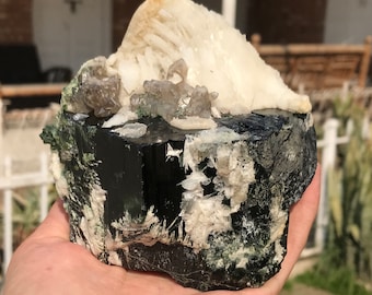 1094gr Giant Dark Green Cap Tourmaline Crystal with Smokey Quartz and Albite Combine Specimen Self Standing (B)